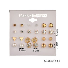 Fashion 12 pair/set Women Square Crystal Heart Stud Earrings for Women