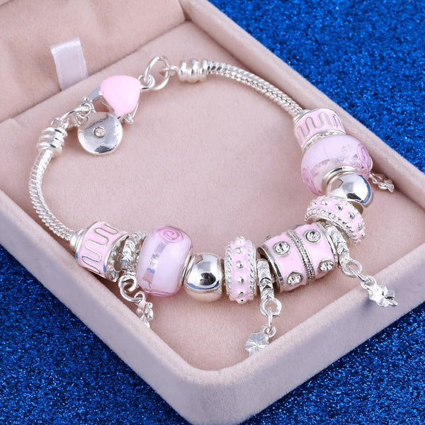 atwargi Pink Crystal Charm Silver Bracelets & Bangles for Women
